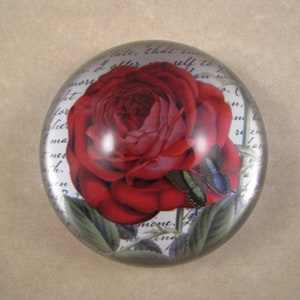 Red Rose Paperweight, Dome Paperweight, Bourbon Red Rose, June Birthday, Medium Glass Dome