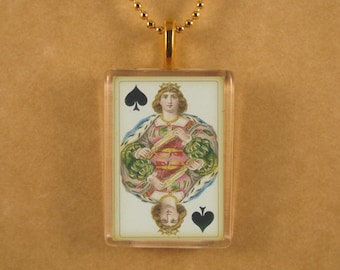 Queen of Spades Antique Playing Card Glass Pendant, Rectangle Pendant