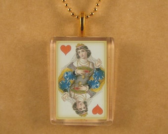 Queen of Hearts Antique Playing Card Glass Pendant, Rectangle Pendant