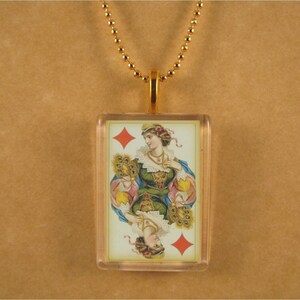 Queen of Diamonds Antique Playing Card Rectangle Glass Pendant
