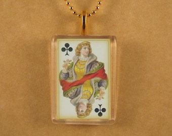 Playing Card Jewelry, Queen of Clubs Card, Glass Pendant, Clubs Pendant, Deck of Cards, Rectangle Pendant, Mother's Day Gift