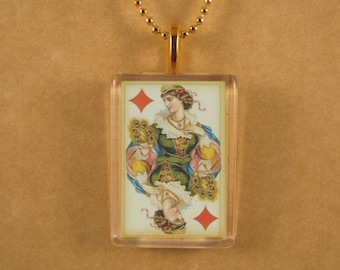 Queen of Diamonds Antique Playing Card Glass Pendant, Rectangle Pendant