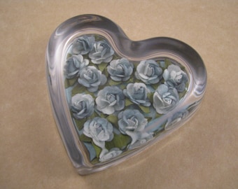 Variegated Blue Rose, Heart Paperweight, Rose Paperweight, Glass Paperweight, June Birthday, Gift for Her