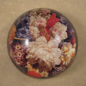 Floral Paperweight, Flowers in a Vase, Dome Paperweight, van Brussel Painting, Medium Glass Dome, Glass Paperweight, Under 40 Dollars