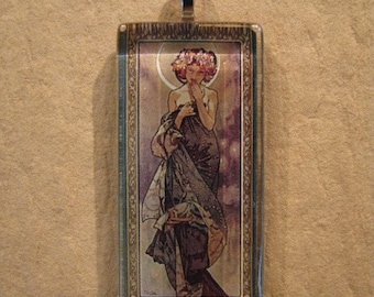 Alphonse Mucha Moon Pendant, Large Rectangle Glass Pendant