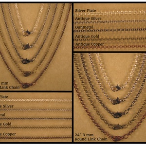 May include: Five different 24-inch round link chains in silver plate, antique silver, gunmetal, antique gold, and antique copper. The chains are displayed in two rows, with the 1.8 mm chains in the top row and the 3 mm chains in the bottom row.