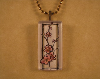 Cherry Blossom Art, Pink Cherry Blossoms, Japanese Pendant, Slim Rectangle, Glass Pendant, 24 Inch Necklace, Floral Art