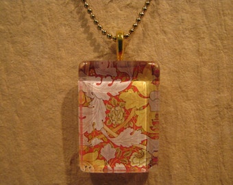 William Morris Red Acanthus Leaf Wild Rose Wallpaper Rectangle Glass Pendant with 24" Ball Chain Necklace Arts and Crafts Jewelry