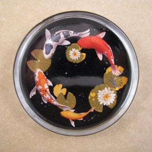 Koi Paperweight, Water Lily Paperweight, Fish Paperweight, Large Round, Glass Paperweight, July Birthday