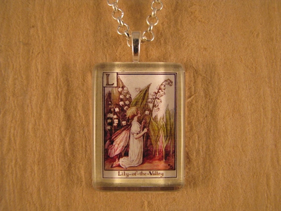 Lily-of-the-Valley Letter L Flower Fairy Glass Rectangle Pendant, Cicely Mary Barker
