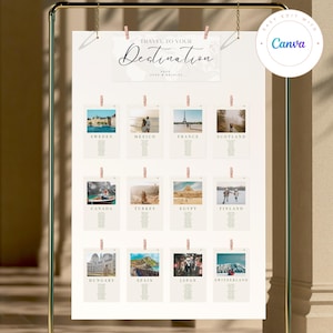 Modello Canva per foto di viaggio, modello di tabella dei posti a sedere sospesi, modello di tabella dei posti a sedere per matrimoni minimalisti personalizzabili