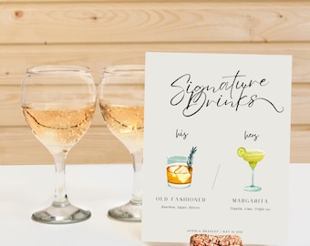 Wedding Signature Drinks Sign, Signature Cocktail Sign Wedding, Printable Bar Menu Template, Editable Drink Sign Canva, His and Hers Drinks