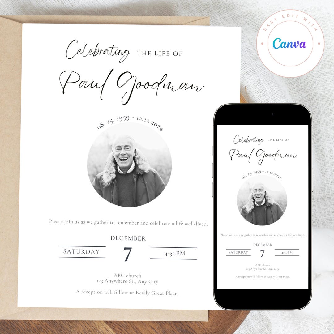 Editable Funeral Invitation Template: Celebration of Life Card (canva ...