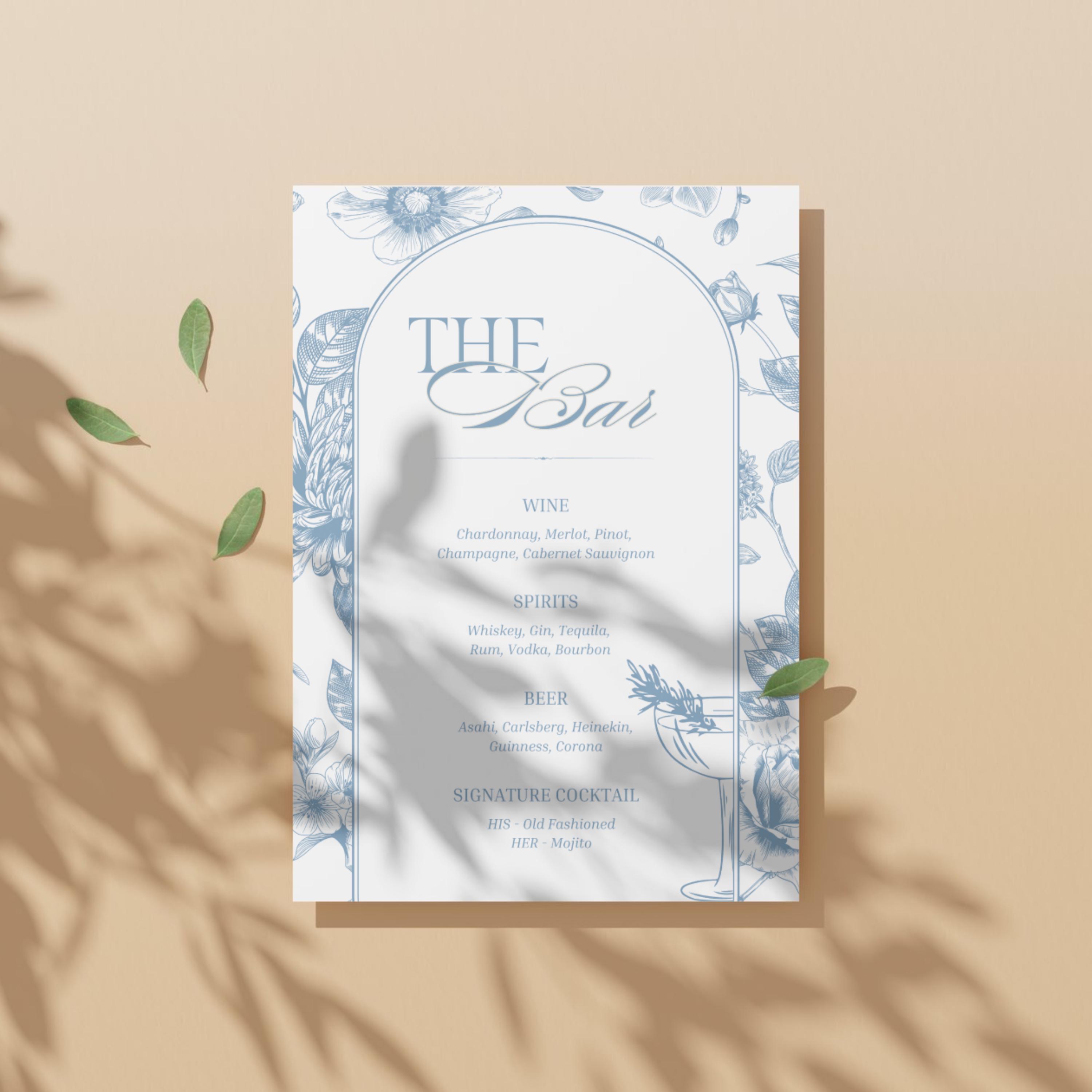 Editable Wedding Bar Menu Sign Template | Blue Floral Bar Sign | Canva ...
