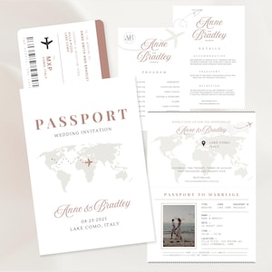 Pink Passport Wedding Invitation with Boarding Pass RSVP Printable Destination Invite Adventure Wedding Abroad Editable Canva Template