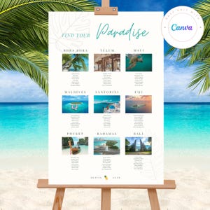 Tropischer Strand-Hochzeits-Sitzplan, bearbeitbare Zieltischvorlage, Canva druckbares Hochzeitsschild, Sitzplanplakat für Küstenempfänge