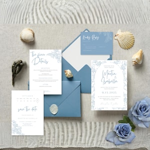 Conjunto de invitación de boda personalizable de 3 piezas en azul polvoriento, plantilla de Canva editable con detalles y tarjeta RSVP para bodas elegantes
