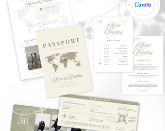 Passport Wedding Invitation Set: Travel Adventure Theme (Canva Template)