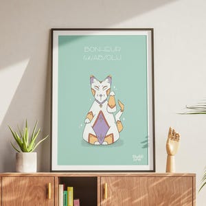 Peut inclure: Une impression encadrée avec un fond bleu clair représentant un chat blanc avec des marques orange et violettes assis en position de méditation. Le texte "BONHEUR (L')ABSOLU" est écrit en noir en haut de l'impression.