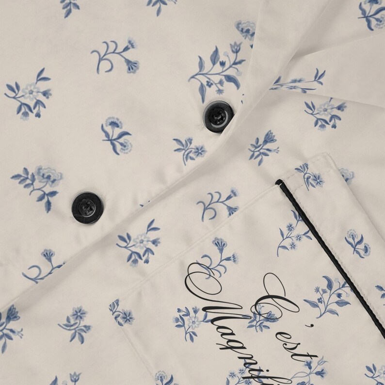 Pijama de satén, ropa de dormir floral azul francés, ropa de estar por casa para mujer, camisón elegante, pijama suave, ropa de estar por casa imagen 7