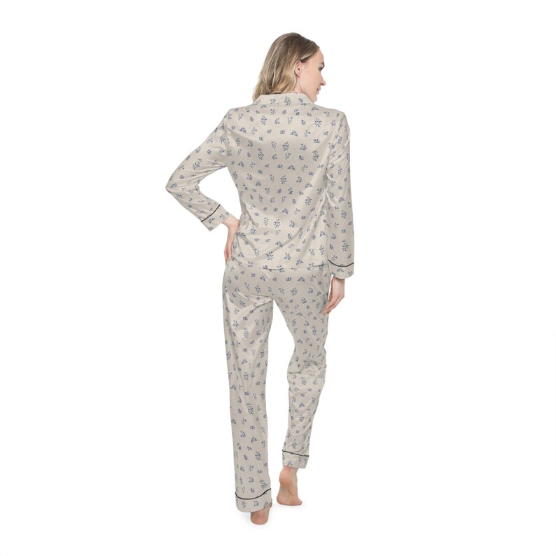 Pijama de satén, ropa de dormir floral azul francés, ropa de estar por casa para mujer, camisón elegante, pijama suave, ropa de estar por casa imagen 4