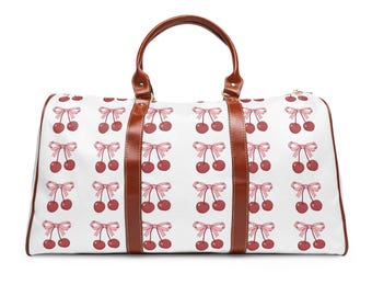 Bolsa de lona impermeable con lazo rosa cereza Coquette para mujer, ideal para gimnasio, escapadas de fin de semana, viajes de una noche o como regalo.