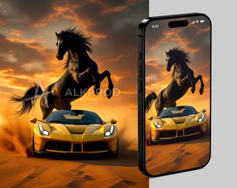 Wallpaper HD for smartphone - Yellow LaFerrari vs black horse in the desert