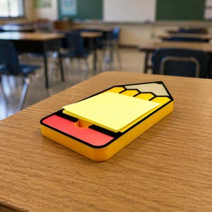 May include: A yellow pencil-shaped sticky note holder with a red and black accent, holding a stack of yellow sticky notes. The holder sits on a wooden desk in a classroom setting.