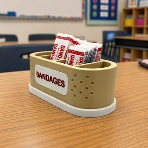May include: A beige rectangular container with the word "BANDAGES" in red lettering, holding several individually wrapped bandages. The container has a white base and is on a wooden surface.
