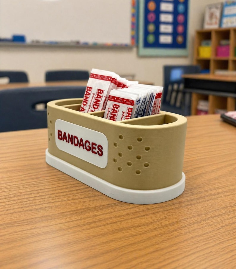 May include: A beige rectangular container with the word "BANDAGES" in red lettering, holding several individually wrapped bandages. The container has a white base and is on a wooden surface.