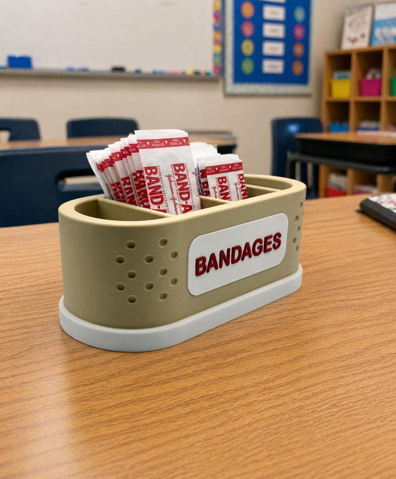 May include: A beige and white rectangular container with the word "BANDAGES" in red lettering. The container is filled with individually wrapped adhesive bandages. The container is on a wooden desk in a classroom setting.