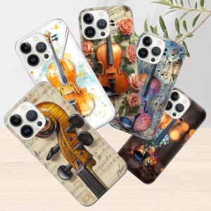 Puede incluir: Cinco fundas para teléfono diferentes con ilustraciones coloridas de violines y violonchelos. Las fundas son todas blancas con una parte posterior de plástico transparente y tienen una variedad de diseños, que incluyen patrones florales, notas musicales y diseños abstractos.