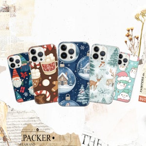 May include: Set of six phone cases with winter holiday designs. The cases feature a variety of festive patterns, including snowmen, reindeer, gingerbread houses, and candy canes. The cases are all in a clear plastic material with a white background.