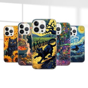 Van Gogh Phone Case Cat Meme Parody Cover for iPhone 16 Pro, 15, 14, 13, 12, 11, Google Pixel 9, 8, 7A, 6A, Samsung Galaxy S24 Ultra, S23fe.