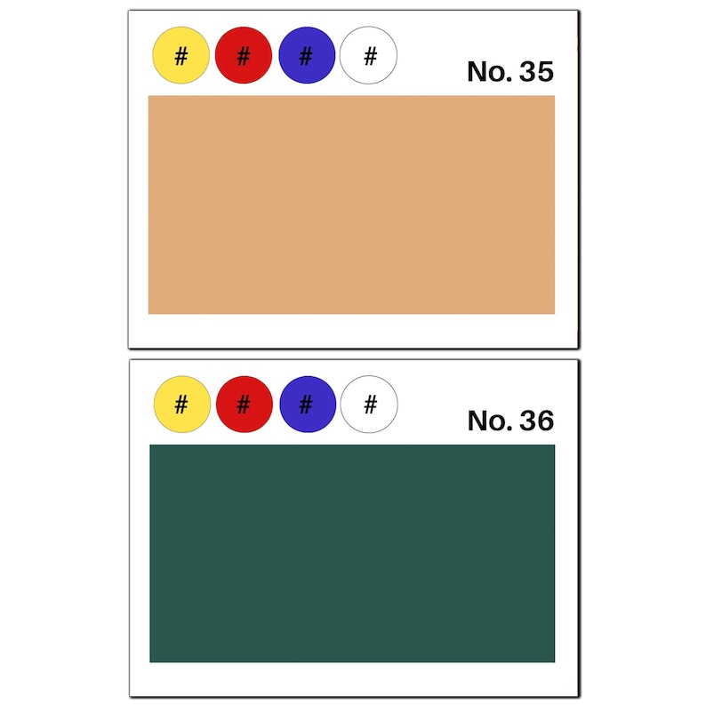 May include: Two color swatches with a number and color code. The first swatch is a light brown color with the number 35. The second swatch is a dark green color with the number 36.