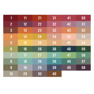 May include: A color chart with 58 squares, each numbered from 1 to 58. The squares are arranged in a grid of 8 rows and 7 columns. The colors range from dark red to light beige.