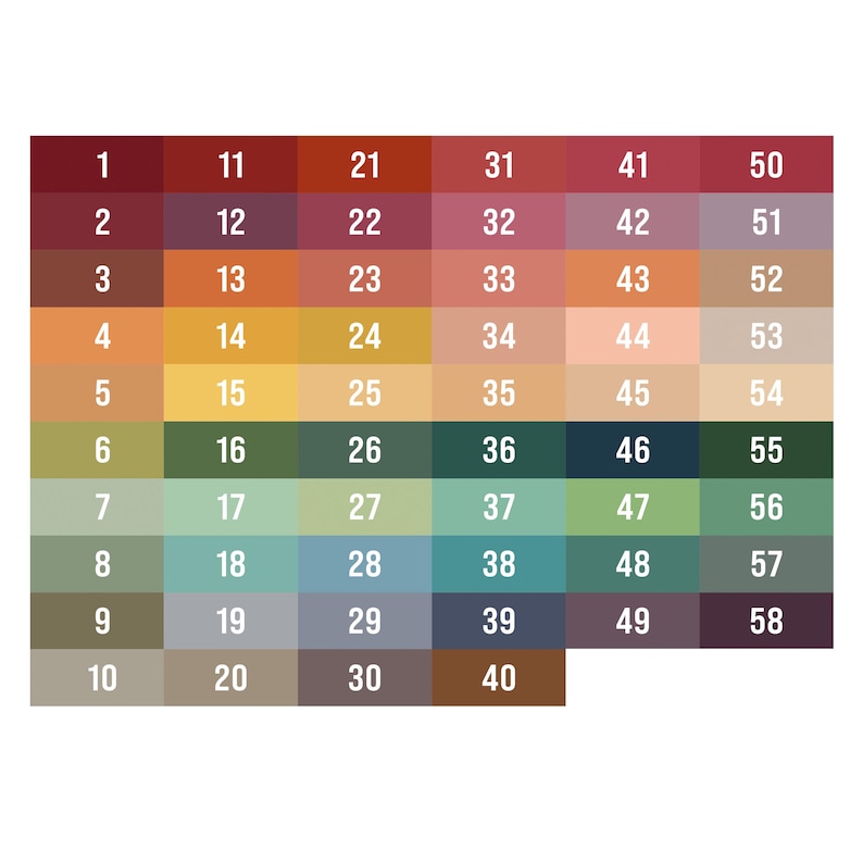 May include: A color chart with 58 squares, each numbered from 1 to 58. The squares are arranged in a grid of 8 rows and 7 columns. The colors range from dark red to light beige.