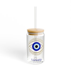 Evil Eye Sipper Glass, Personalized 16oz To-Go Cup, Custom Drink Tumbler, Protective Symbol Mug, Unique Gift Idea