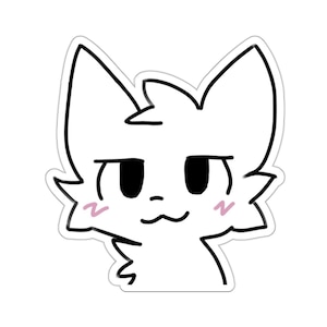 Op de afbeelding: Een zwart-witte cartoonillustratie van een kat met een schattige uitdrukking. De kat heeft grote ogen, een kleine neus en een licht geopende mond. De oren van de kat staan ​​recht en het heeft een klein blosje op zijn wangen.