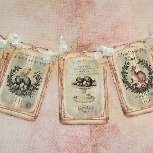 Vintage Rabbit and Chick Spring Banner, Easter Bunny and Chick Nest Vintage Style Garland