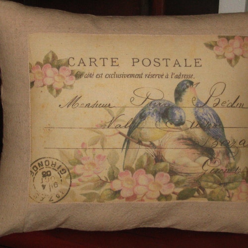 French Carte Postale Bird Pillow With French Script Etsy