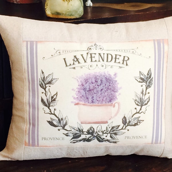 French Provence Lavender Grain Sack Throw Pillow,  French Script Grainsack Pillow Cover, French Country Throw Pillow,  Cottage Style Pillow