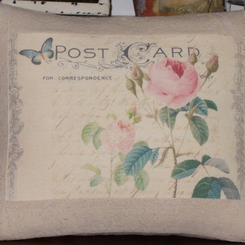 French Post Card Rose Pillow Decorative Throw Pillow Cover Etsy