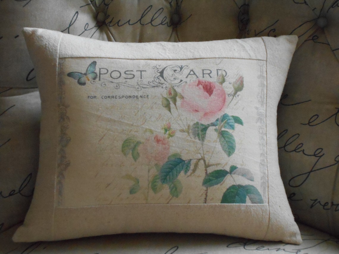 French Post Card Rose Pillow Decorative Throw Pillow Cover Etsy