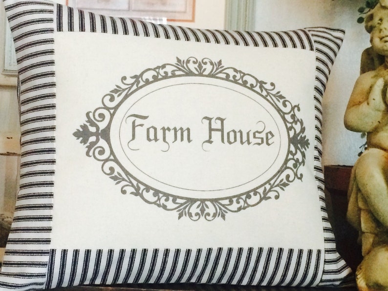 Farmhouse Pillow with Black and Off White Ticking Stripe Etsy