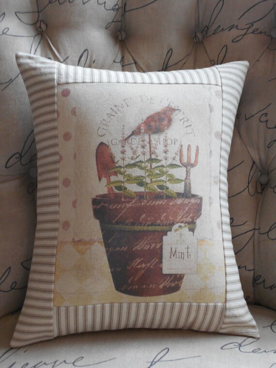Items similar to Mint Botanical Herb Terra Cotta Pot Decorative Pillow, Pillow Cover with Pillow