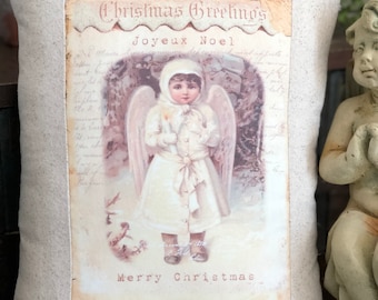 Vintage Christmas Angel Pillow,  Shabby Christmas Throw Pillow Cover with Insert