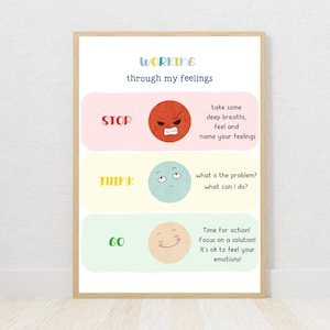 Puede incluir: Un póster enmarcado con el texto "WORKING through my feelings". El póster tiene tres secciones con ilustraciones y texto: "STOP" con una cara enfadada, "THINK" con una cara pensativa y "GO" con una cara sonriente. El póster está sobre una superficie de madera clara.