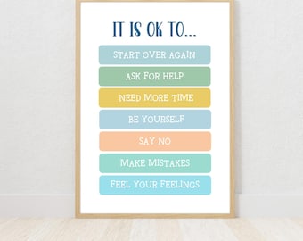 Op de afbeelding: Een ingelijst afdruk met de tekst "IT IS OK TO..." en een lijst met zinnen in kleurrijke vakken: "START OVER AGAIN", "ASK FOR HELP", "NEED MORE TIME", "BE YOURSELF", "SAY NO", "MAKE MISTAKES", "FEEL YOUR FEELINGS".