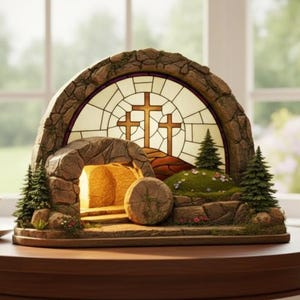 Può includere: Una scena pasquale decorativa con un sepolcro in pietra con una vetrata raffigurante tre croci. Il sepolcro ha un ingresso in pietra con una grande pietra rotonda davanti. Alberi in miniatura e vegetazione circondano la scena.
